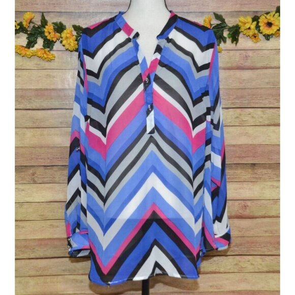 NY Collection Ladies 2X Chiffon Semi Sheer Chevron Stripe Blouse Top Half Button - Picture 8 of 14